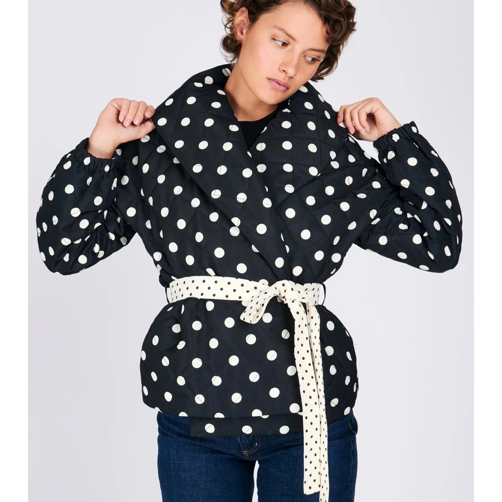 Rachel Antonoff Black Polka Dot Puffer Jacket With Contrast Belt